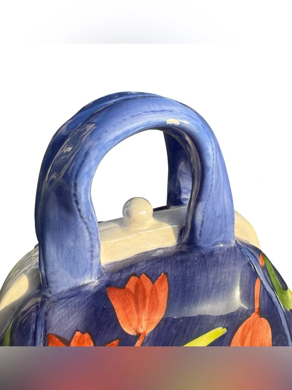 Blue Tulip Handbag Cookie Jar Ceramic Canister Spring Floral Kitchen Decor Gift